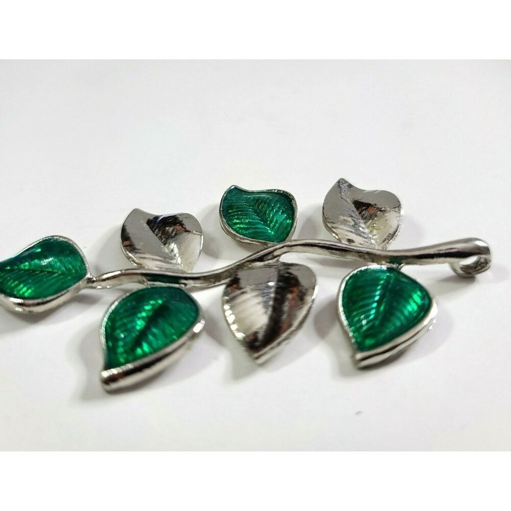 Multi Leaf Pendant Silvertone + Green 3" Long 1.5" Wide Polished Shiny - Picture 6 of 8